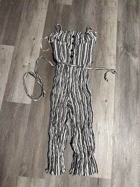 Striped Ruffle Neck Jumpsuit in Black & White